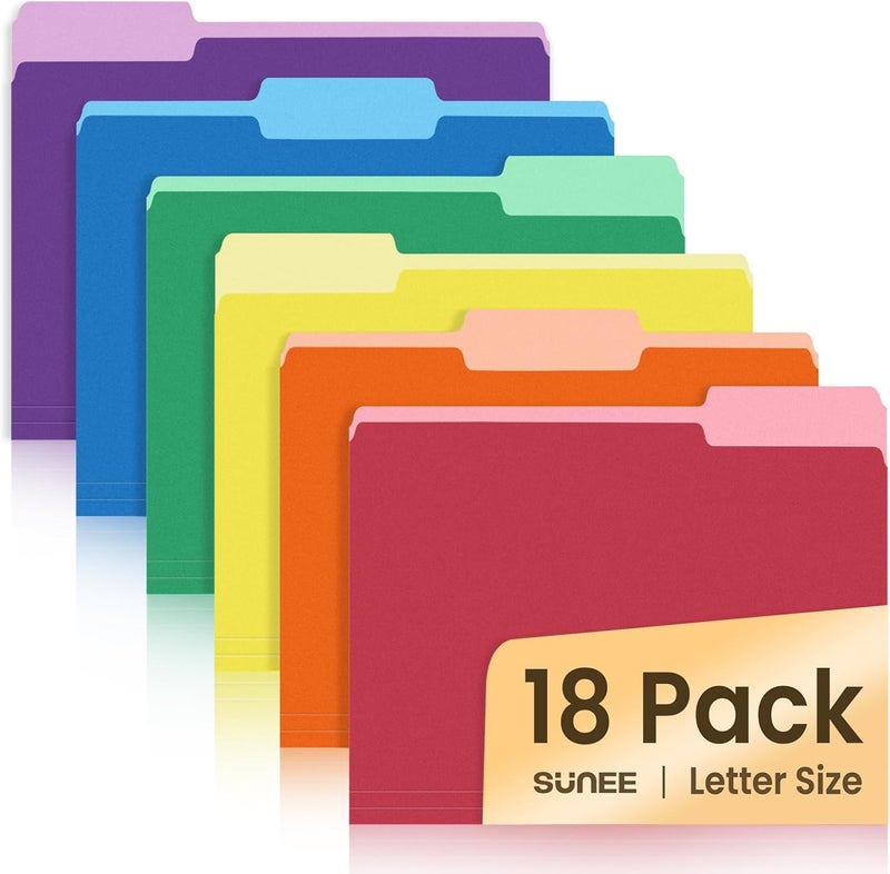 SUNEE File Folders, 18 Pack Manilla Folders 8.5 x 11, Colored Folder Office Organization Home School Folders for Documents Files Paper,6 Assorted Colors - Image 1